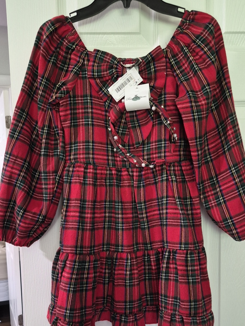 NWT Girls Long-Sleeve Plaid Bow-Accented Fit-And-Flare Dress With HeadBand SZ 8